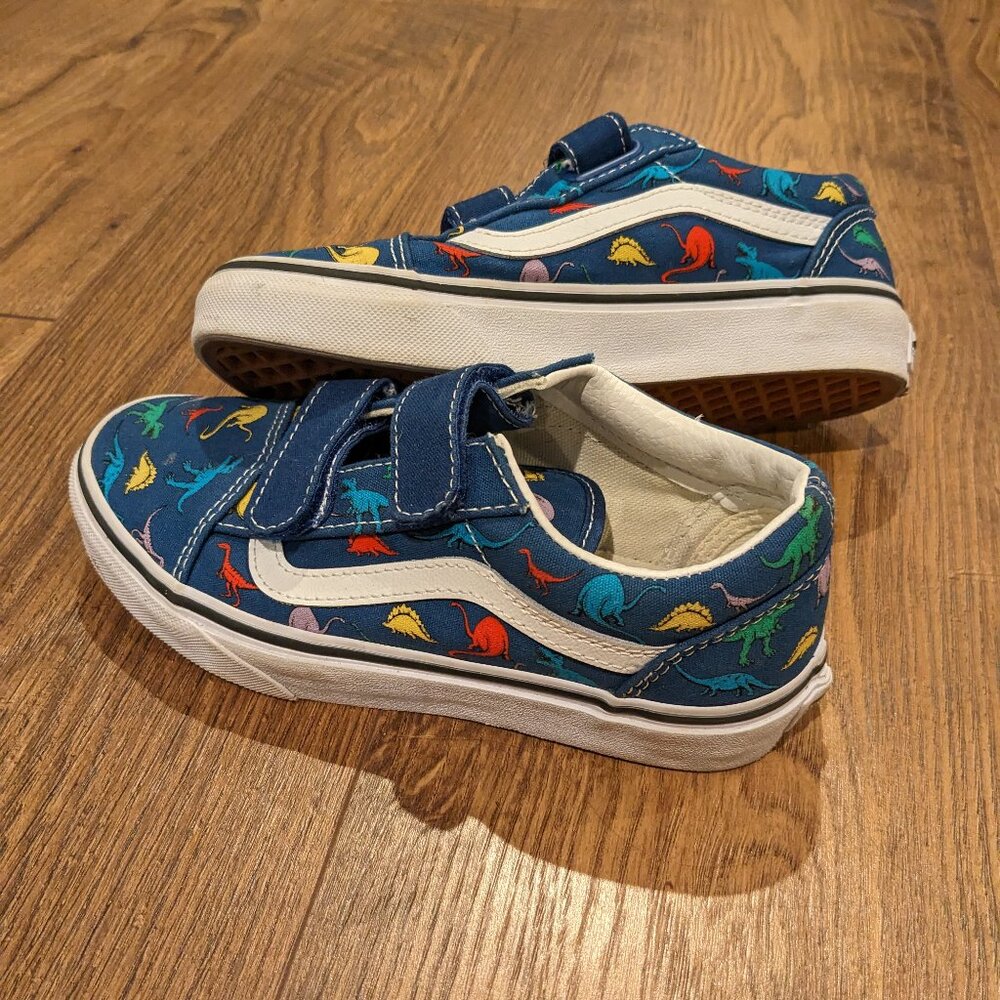 Like New! Vans Old Skool Blue Dinosaur print Velcro Sneakers in size 2.5